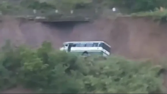 Bus falls few feet after portion of Mandi-Shimla highway caves in, four passengers injured
