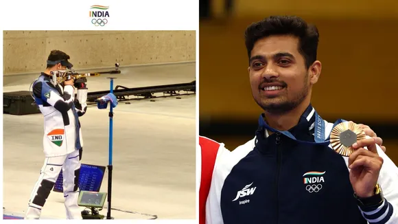 The bronze medalist Swapnil Kusale of India during the medal ceremony for the 50m Rifle 3 Positions Men event of the Shooting competitions in the Paris 2024 Olympic Games at the Shooting centre in Chateauroux, France, 01 August 2024.