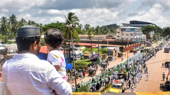 Muslim devotees take part in a procession on the occasion of Eid-e-Milad-un-Nabi, in Mangaluru, Karnataka, Monday, Sept. 16, 2024.
