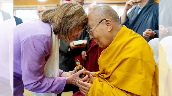 Tibetan spiritual leader Dalai Lama being greeted by former US House of Representatives Speaker Nancy Pelosi during a meeting with US Congressional delegation at his residence, in Dharamsala, Wednesday, June 19, 2024.