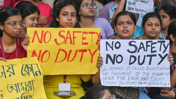 Doctors and nursing staff protest against the recent the rape and murder of a woman doctor inside the RG Kar Medical College and Hospital, in Kolkata