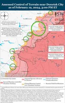 ISW map showing the frontlines arouind Avdiivka and Donetsk in the east of Ukraine.