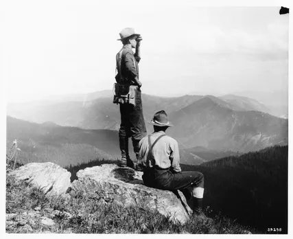 A ranger and forest guard on fire patrol duty near Thompson Falls, Mont., in 1909. Forest Service photo by W.J. Lubken 