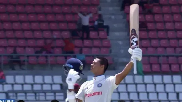 Yashaswi Jaiswal celebrates the century on his Test debut