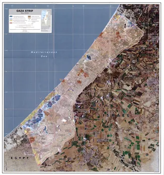 Map of the Gaza Strip in May 2005, a few months prior to the Israeli withdrawal. The major settlement blocs were the blue-shaded regions of this map.