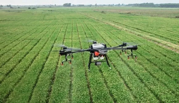 In Maharashtra's Sangli District farmer deploys drone service to spray fertiliser in fields saving time and money