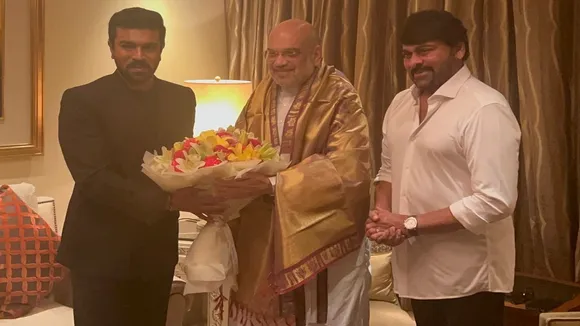 Amit Shah met  RRR fame actor Ram Charan and his father Chiranjeevi