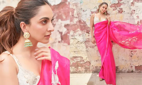 Kiara Advani Fuchsia Pink Embroidered Silk Organza Saree by Devnaagri.png