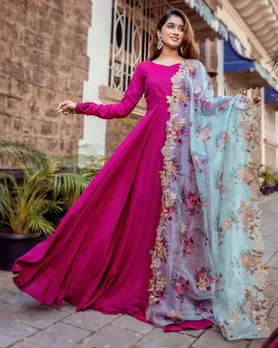 Dual toned flared anarkali dress with floral organza dupatta - Set Of Two  by v7 By Vinya | The Secret Label