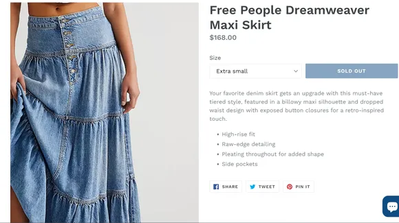 Sara's denim maxi skirt is priced at $168, which translates to ₹13,963.(shopboxie.com)