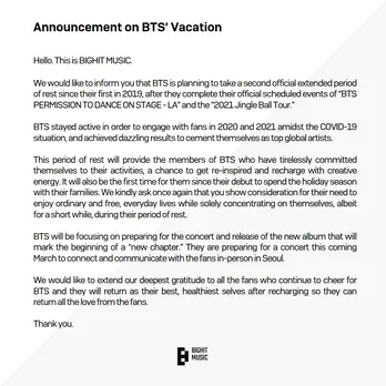 Popular BigHit Music Announces 2nd Ever Official Vacation For BTS To Rest And Recharge<br />
