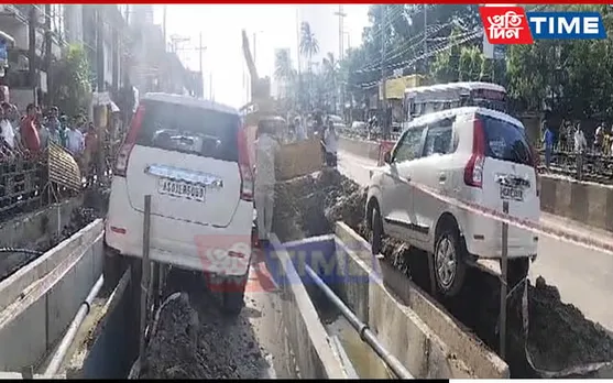 Chaos in Silpukhuri as Car Stuck In Drain Meant for Water Pipeline Installation