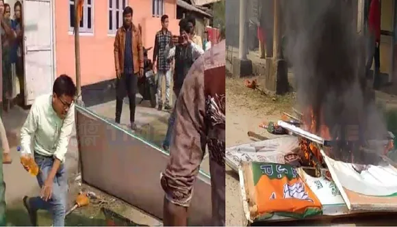 BJP office vandalised, set on fire in Palashbari