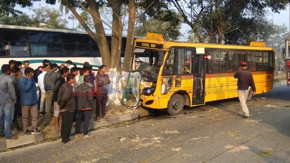 DPS school bus crashes into tree