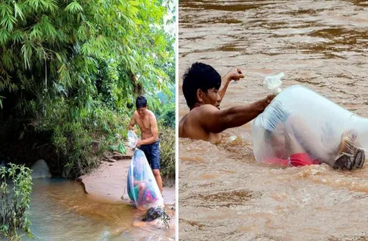 Students Cross River in Plastic Bags For School