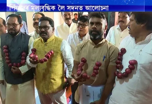 Congress MLAs come to Assembly wearing onion-garlands