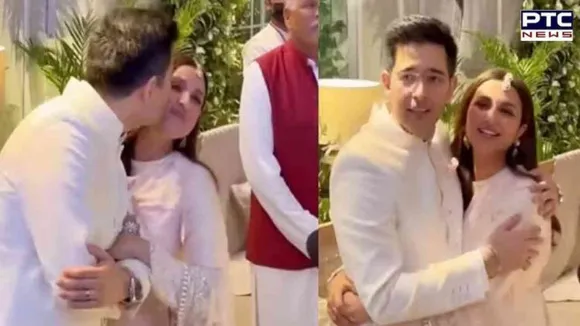 Watch Video: Raghav Chadha kisses Parineeti Chopra as she sings 'Ve Maahi' at their engagement