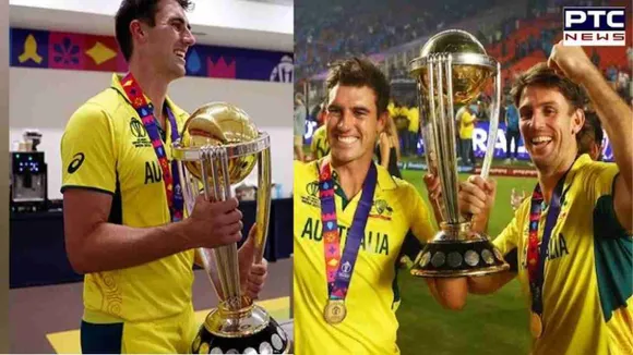 Ahmedabad: Australian cricket captain Pat Cummins poses with World Cup trophy on Sabarmati cruise