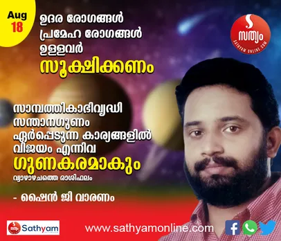 സാമ്പത്തികാഭിവൃദ്ധി, സന്താനഗുണം, ഏര്‍പ്പെടുന്ന കാര്യങ്ങളില്‍ വിജയം എന്നിവ ഗുണകരമാകും. ഉദര രോഗികളും പ്രമേഹ രോഗികളം സൂക്ഷിക്കണം - ശംഖ് രാശി പ്രകാരം വ്യാഴാഴ്ച നിങ്ങള്‍ക്കിങ്ങനെ