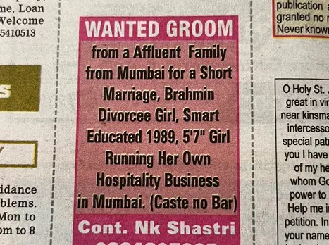 Matrimonial Ad Seeks ‘Short Marriage’: Leaves Internet Buzzing
