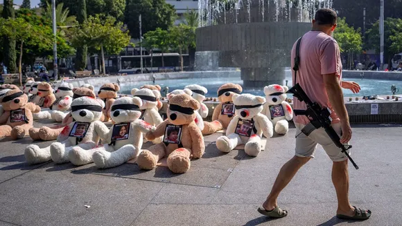 Blindfolded Teddy Bears Exhibit Plight Of Kids Taken Hostage By Hamas