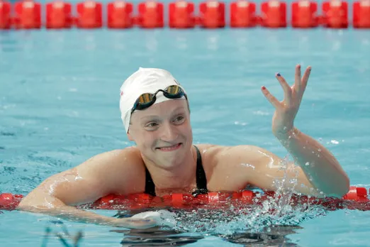 Swimmer Katie Ledecky celebrates her gold medal at Rio 2016
