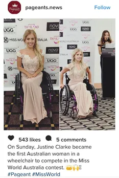 Woman in a wheelchair in Miss World Contest