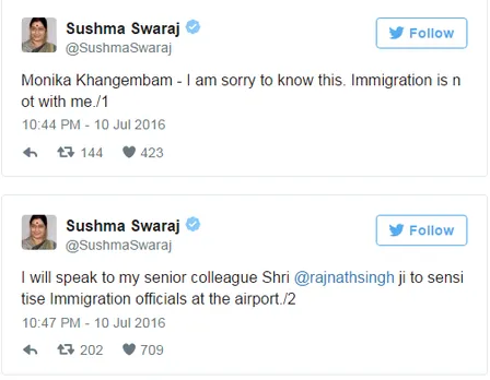 Here's how Sushma Swaraj tweeted about the incident with Manipuri woman