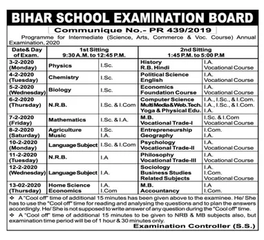 BSEB revised timetable 2021  for 12th students