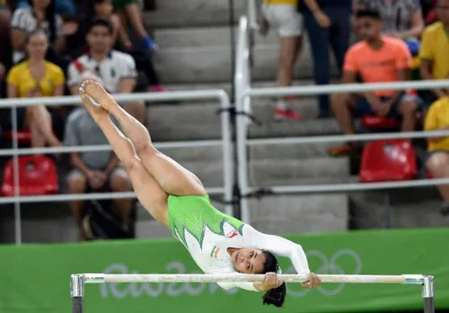 Dipa Karmakar performing a gymnastic act known as Produnov in the individual vault event