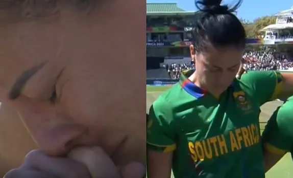 South Africa’s Marizanne Kapp gets emotional during national anthem in Women’s 20-20 World Cup final