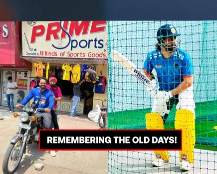MS Dhoni seen practicing with sticker of childhood friend's sports shop on bat
