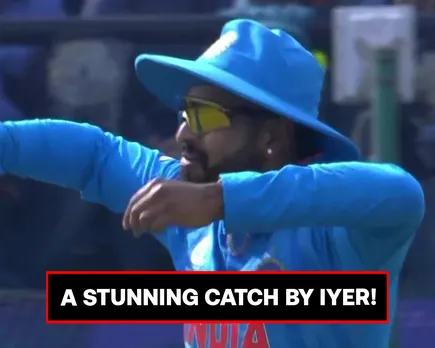 Shreyas Iyer gestures his contention for the ‘Best Fielder’ medal Against New Zealand in ODI World Cup 2023