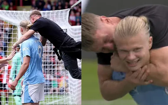 WATCH: Former world champion boxer invades pitch to embrace and kiss Erling Haaland after Man City striker scores vs Sheffield in Premier League 