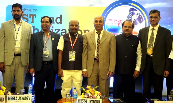 Irshad Mohammed  _  Suresh Kumar Singhal _  Meela Jayadev _ Justice Challa Kodanda Ram  _ Srinivas M _ R Ravi Kumar and others seen at the inauguration of conclave on GST and Globalisation--