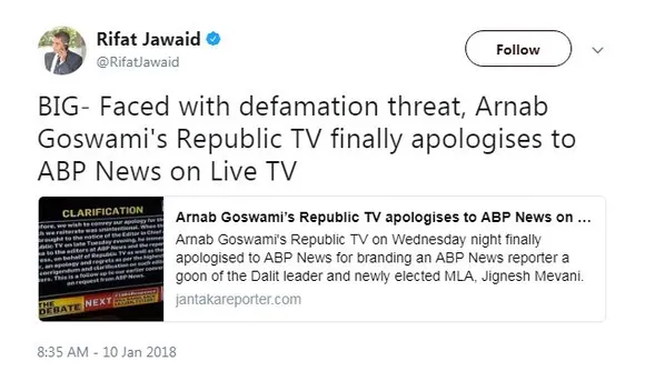 Republic TV apologized