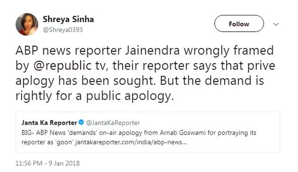 Republic TV apologized