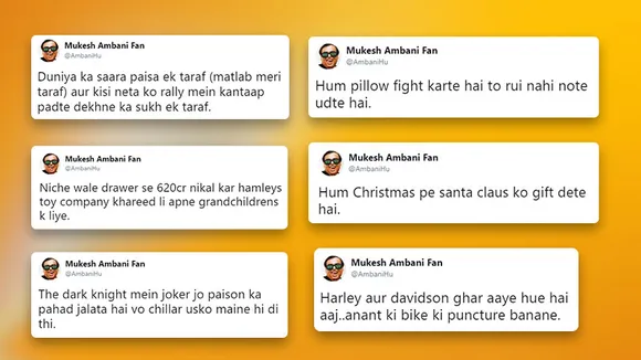 These tweets from Mukesh Ambani's parody account will make you laugh so hard, you’ll forget about your money troubles for a while!