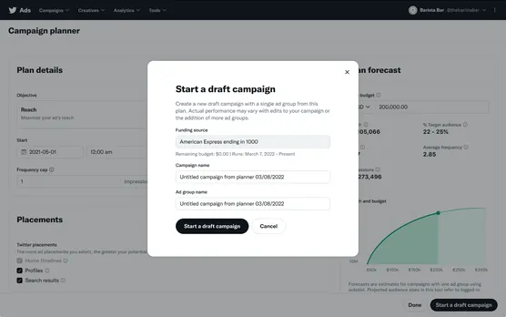 Step two of the campaign planner set-up, includes funding source, campaign name, and ad group name