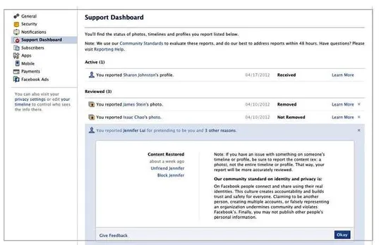 Facebook support dashboard