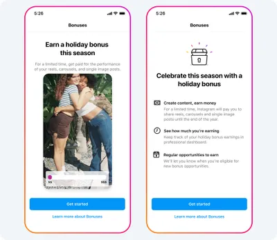 2 phone screens showing the new holiday bonus feature for creators on Instagram