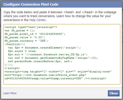 facebook conversation Pixel code