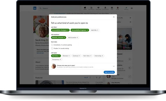 An image of the LinkedIn website open on a laptop computer. A member has added their job preferences on their 