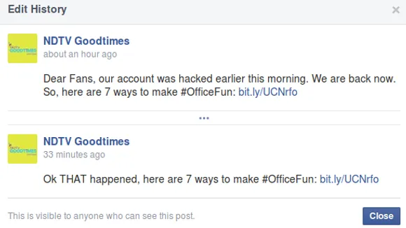 NDTV Good Times Facebook Hacked