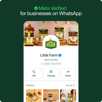 A phone screen showing Meta Verified for businesses on WhatsApp. 