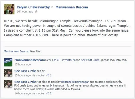 Bangalore Electricity Department uses Facebook to Address Complaints