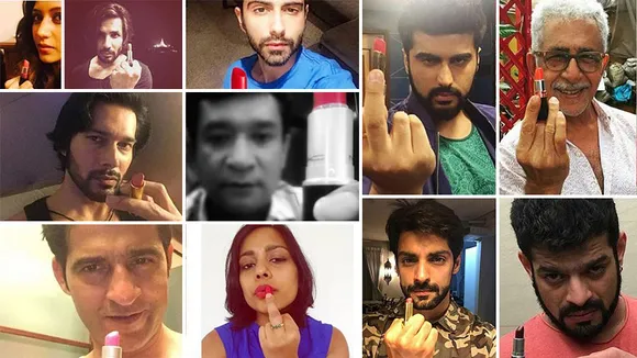 Indian men are giving the finger with a lipstick