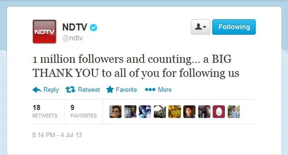 NDTV becomes the First Indian Company to Cross 1 million Twitter Followers