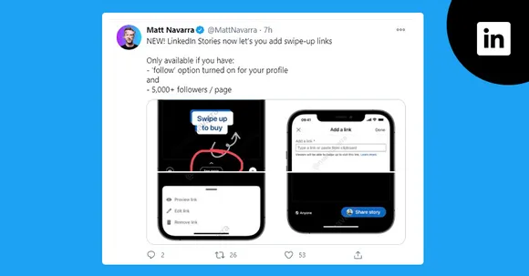 LinkedIn enables Swipe Up links for Stories