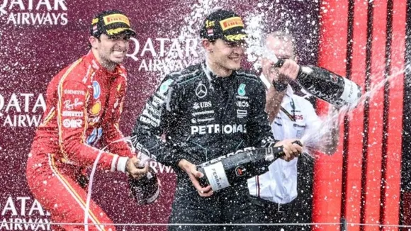 WATCH: George Russell drenched Hans Zimmer in champagne after winning Austrian GP